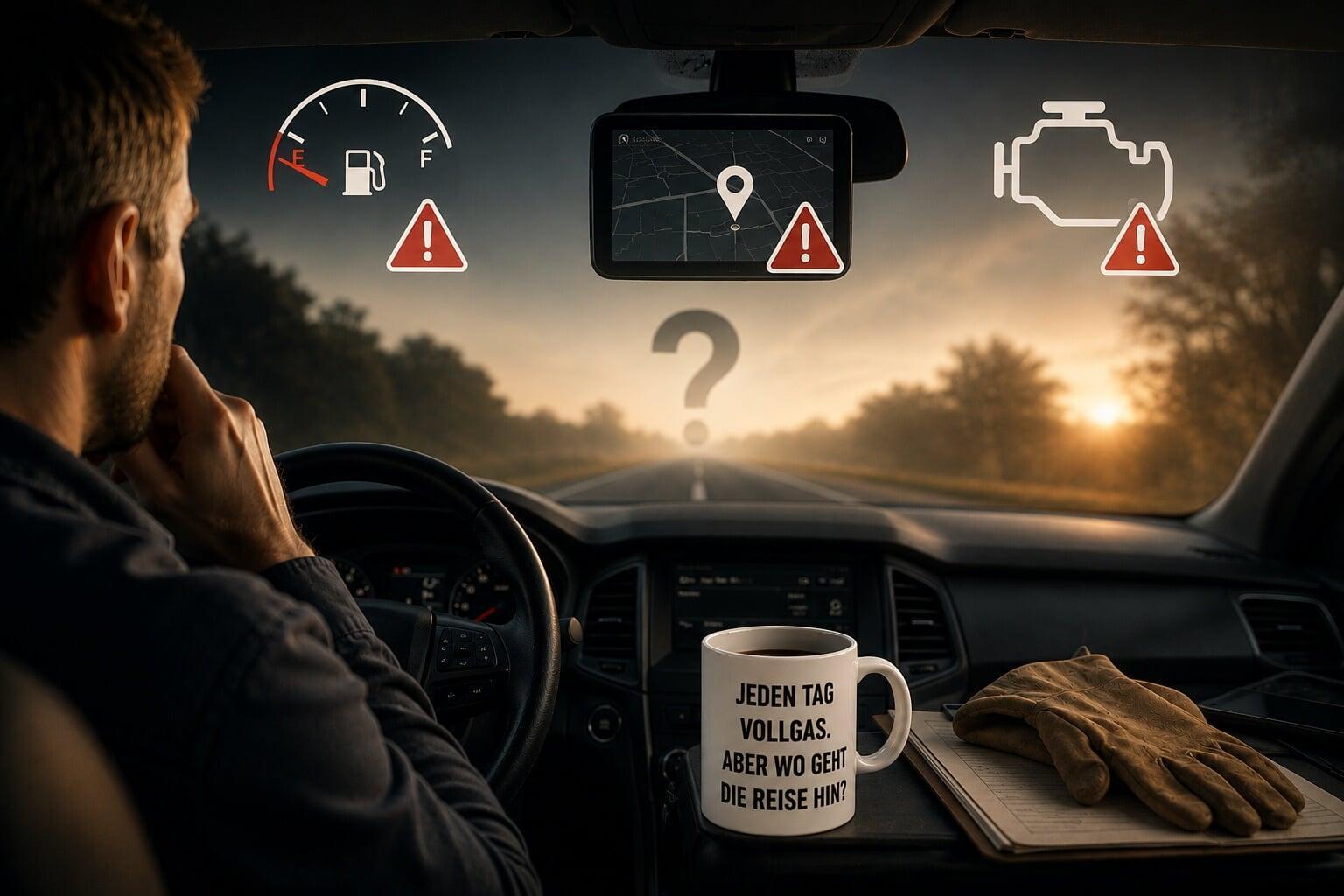 Nachdenklicher Handwerker im Transporter fährt ohne Überblick über Tankstand, Motorstatus und Ziel – Sinnbild für fehlende Transparenz bei Unternehmenszahlen.