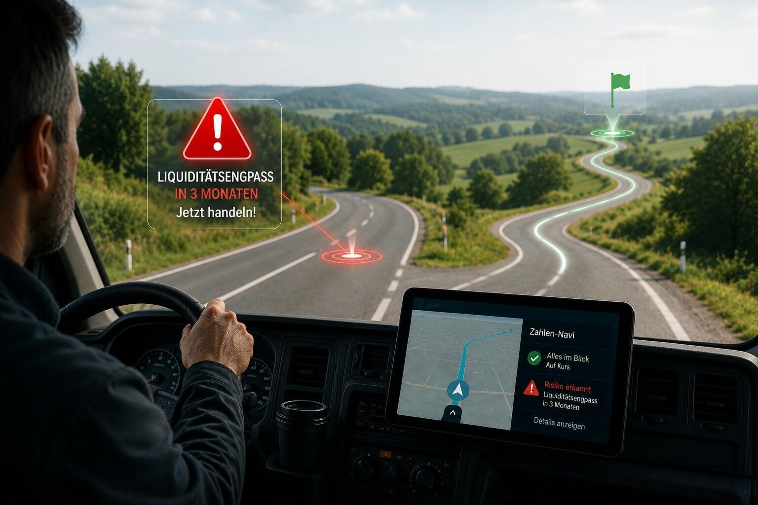 Handwerker im Transporter nutzt das Zahlen-Navi und erhält Warnhinweise sowie eine empfohlene Route.